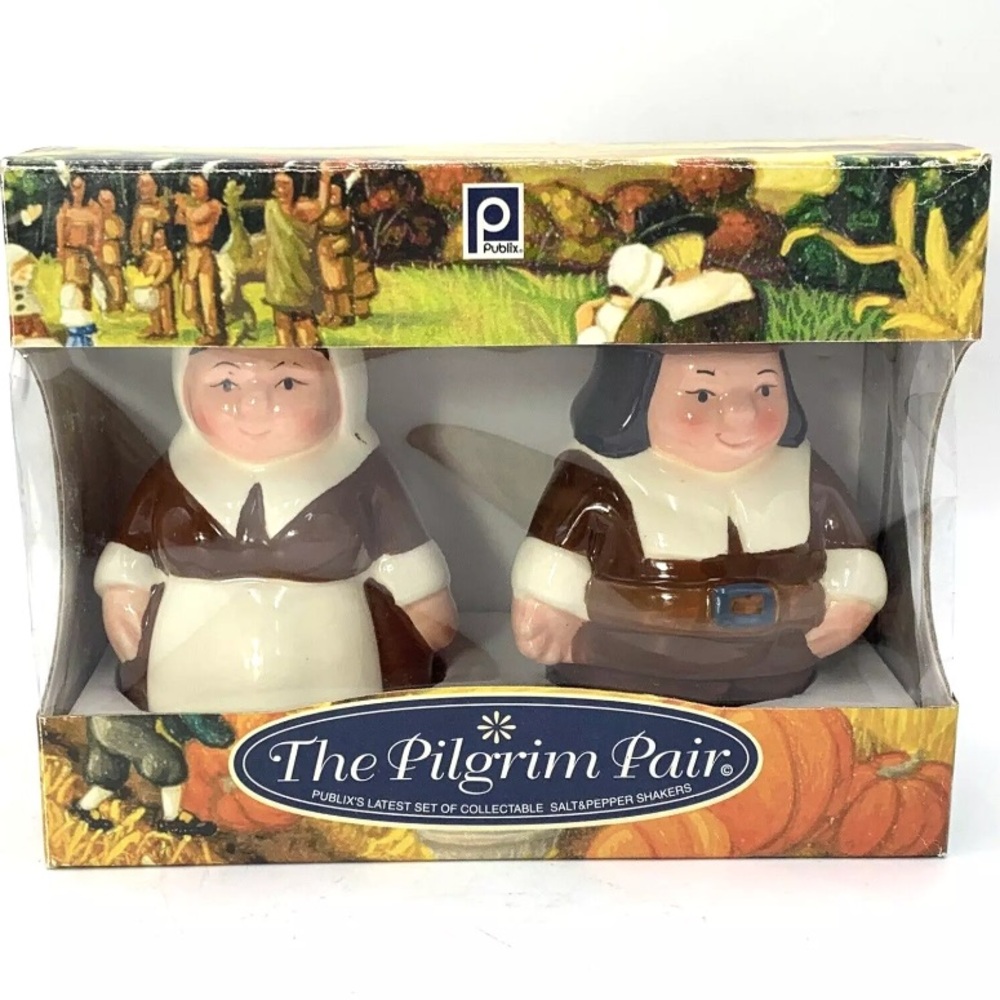The Pilgrim Pair Thanksgiving Salt & Pepper Shakers Encore Edition Porcelain